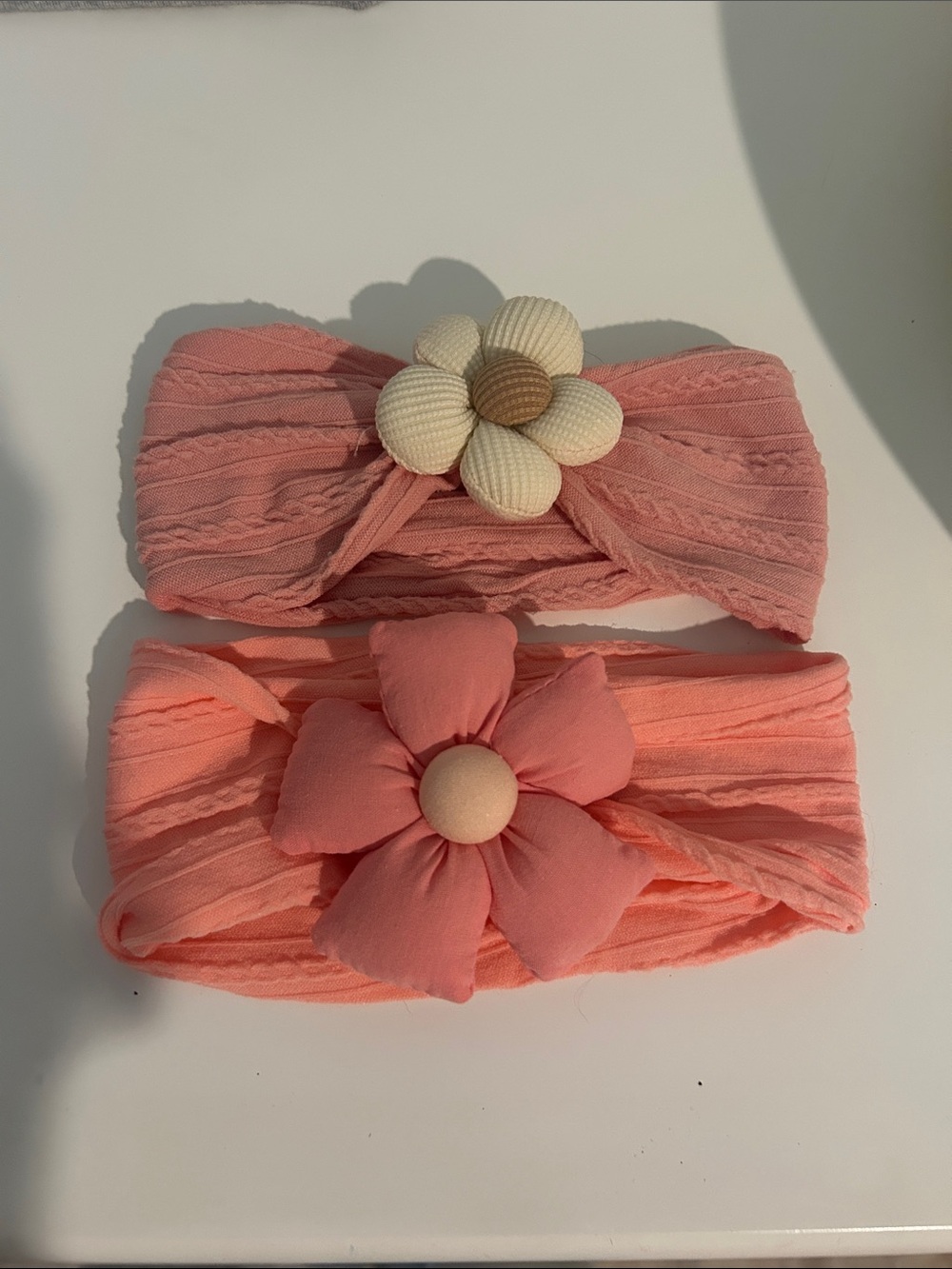 Soft Floral Knit Baby Headbands — Peach Pink (Set of 2)